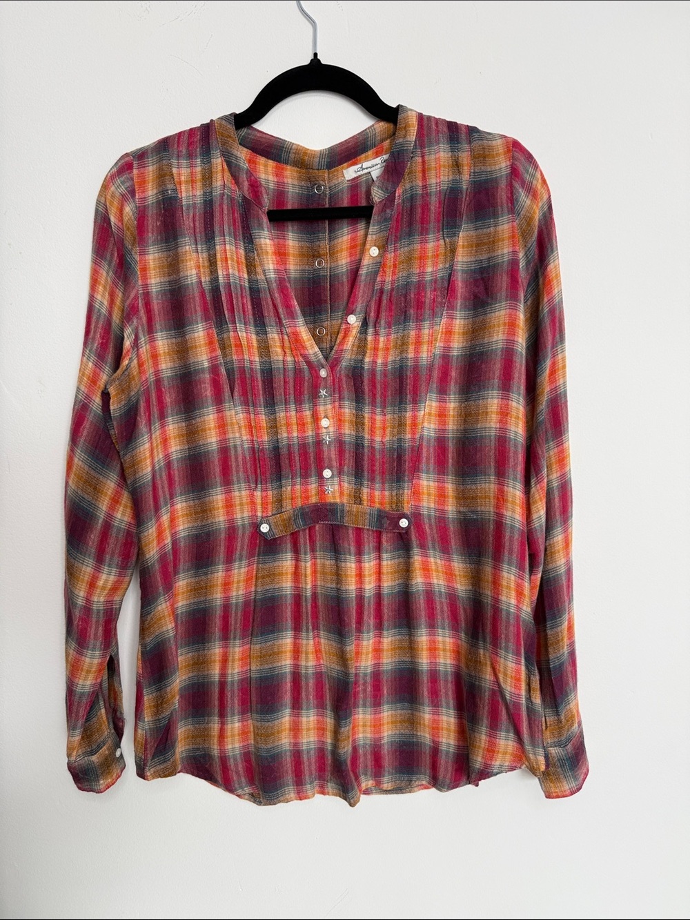 American Rag Plaid Button-Front Tunic Top - Red, Yellow, Green
